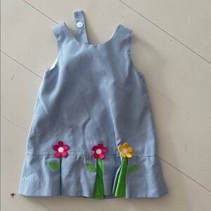 Blue Pinstripe Girls Dress with Floral Appliques